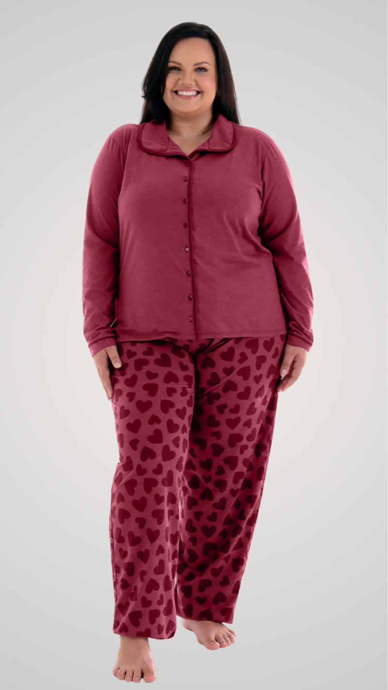 PIJAMA ABERTURA FRONTAL COM BOTÕES - PLUS SIZE - VINHO